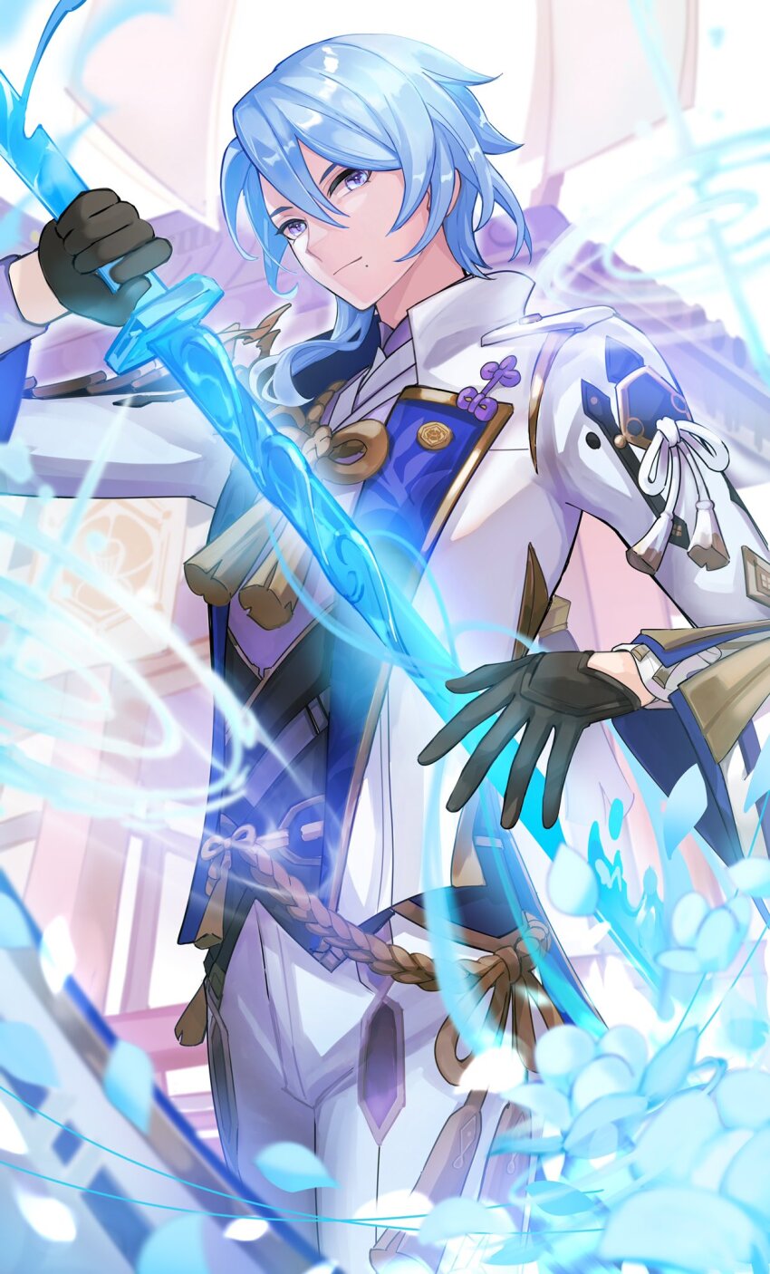 1boy black_gloves blue_hair closed_mouth genshin_impact gloves hair_between_eyes highres holding holding_sword holding_weapon jacket japanese_clothes kamisato_ayato long_sleeves male_focus mole mole_under_mouth okkobc pants purple_eyes solo sword tassel weapon white_jacket white_pants
