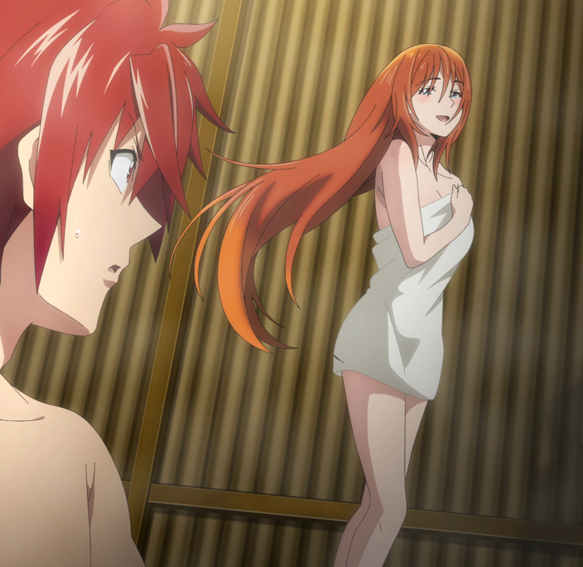 1boy 1girl absurdres akagami_akemitsu anime_screenshot baldwin_kagura bare_shoulders breasts brown_hair cleavage collarbone highres long_hair medium_breasts mixed-sex_bathing naked_towel open_mouth red_eyes red_hair shared_bathing smile stitched temple_(series) thighs third-party_edit towel very_long_hair
