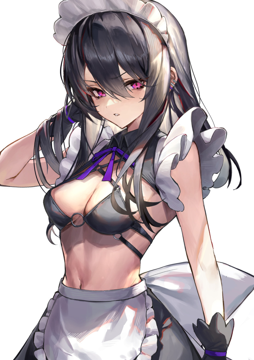 1girl absurdres apron black_gloves black_hair blush breasts cleavage commentary_request gloves hand_in_own_hair highres kabi_(zcwd8845) large_breasts looking_at_viewer maid maid_headdress medium_hair navel original parted_lips purple_eyes simple_background solo white_apron white_background white_headwear