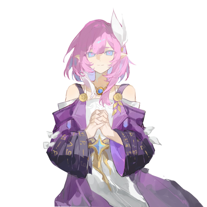 1girl bare_shoulders blue_eyes breasts chinese_commentary coat commentary_request cyrene_(aedes_elysiae)_(honkai:_star_rail) cyrene_(honkai:_star_rail) dress hair_ornament highres honkai:_star_rail honkai_(series) jewelry looking_at_viewer multicolored_hair necklace own_hands_together pink_hair pointy_ears purple_coat short_hair simple_background small_breasts solo two-tone_hair white_background white_dress white_hair youzaiyouzai143