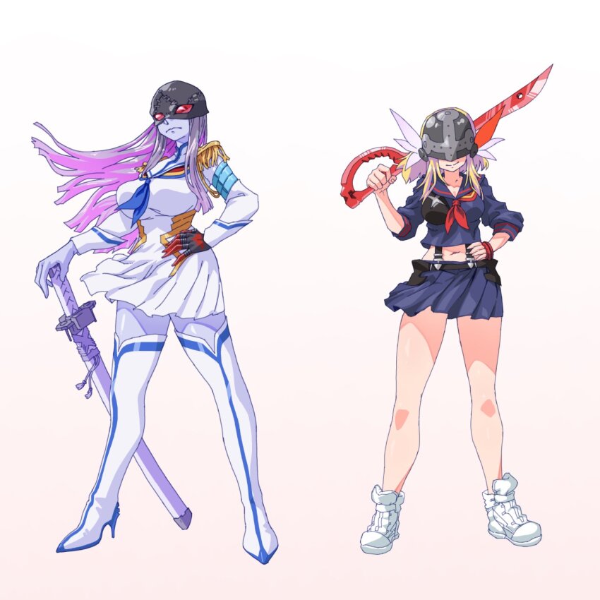 2girls angel angel_girl angewomon cosplay demon_girl digimon digimon_(creature) fallen_angel gerusyu head_wings highres junketsu kill_la_kill kiryuuin_satsuki kiryuuin_satsuki_(cosplay) ladydevimon long_hair mask matoi_ryuuko matoi_ryuuko_(cosplay) multiple_girls senketsu wings