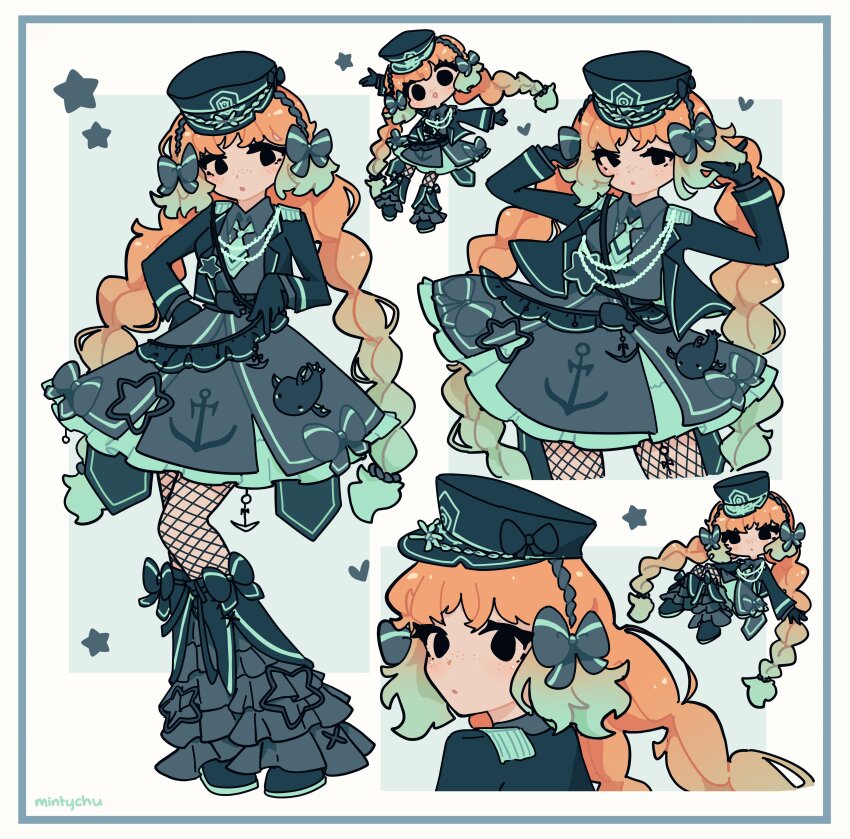 1girl absurdres aqua_hair aqua_necktie arm_up black_bow black_eyes black_gloves black_hairband black_jacket black_shirt black_skirt bow braid chibi collared_shirt fishnet_pantyhose fishnets gloves gradient_hair hair_bow hairband highres ishmael_(project_moon) jacket limbus_company long_hair long_sleeves low_twin_braids military_lolita minty_chu multicolored_hair multiple_views necktie open_mouth orange_hair pantyhose project_moon shirt simple_background skirt twin_braids very_long_hair white_background