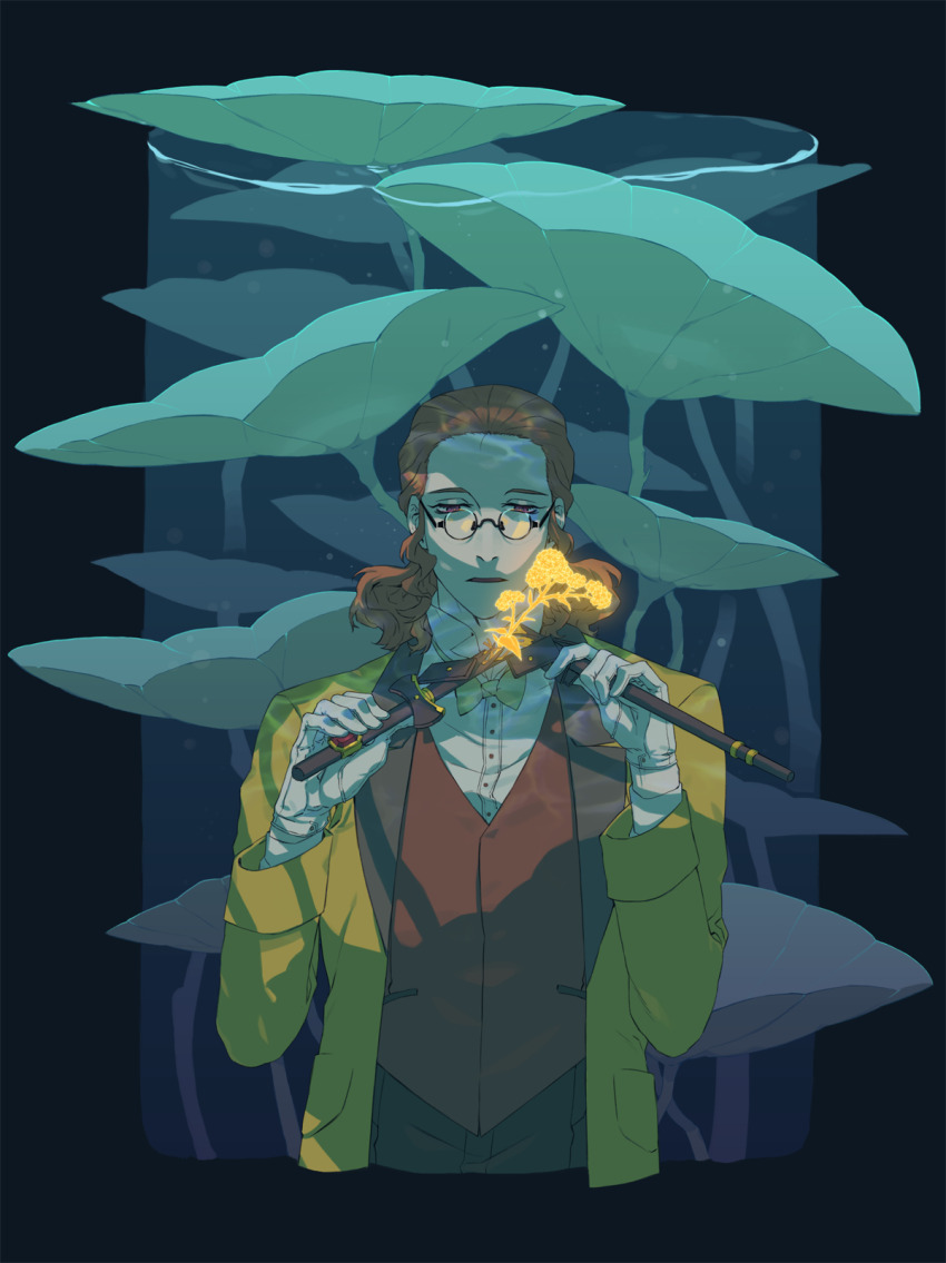 1boy blue_border border bow bowtie breaking brown_hair brown_vest classicaloid cropped_legs eyelashes flower franz_schubert_(classicaloid) glasses gloves glowing_flower green_bow green_bowtie highres holding_baton jacket long_sleeves male_focus open_mouth orange_flower parted_lips plant sf_jd shirt solo vest white_gloves white_shirt yellow_jacket