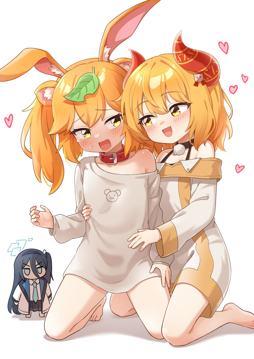3girls :d absurdres animal_collar animal_ear_fluff animal_ears aris_(blue_archive) barefoot belt_collar black_choker blonde_hair blue_archive blush chibi choker collar dress female_pervert furrowed_brow golmonggu grabbing_from_behind hair_flaps halter_dress halterneck heart highres horns indie_virtual_youtuber kneeling leaf leaf_on_head long_hair mase_(hwangabi) medium_hair multicolored_dress multiple_animal_ears multiple_girls open_mouth orange_hair original oversized_clothes oversized_shirt pervert pom_pom_(clothes) rabbit_ears red_collar red_horns scared shirt simple_background single_off_shoulder smile sweatdrop tearing_up twintails virtual_youtuber wavy_mouth weasel_ears weaselrabbit white_background white_dress white_shirt yellow_dress yellow_eyes yuri