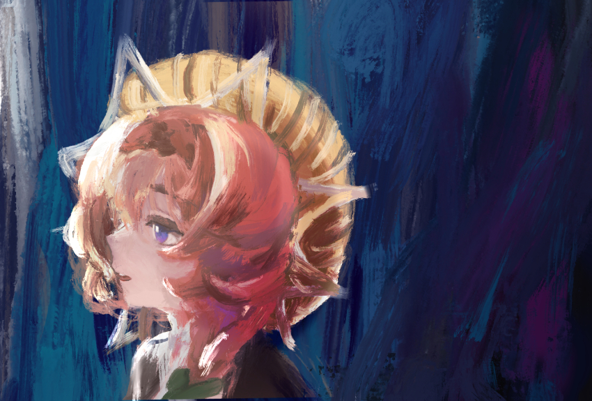 1girl blue_background blue_eyes braid chaosky close-up crown_braid expressionless fate/grand_order fate_(series) hat long_hair looking_to_the_side orange_hair parted_lips profile side_braid solo straw_hat van_gogh_(fate) van_gogh_(first_ascension)_(fate) vincent_van_gogh_(style)