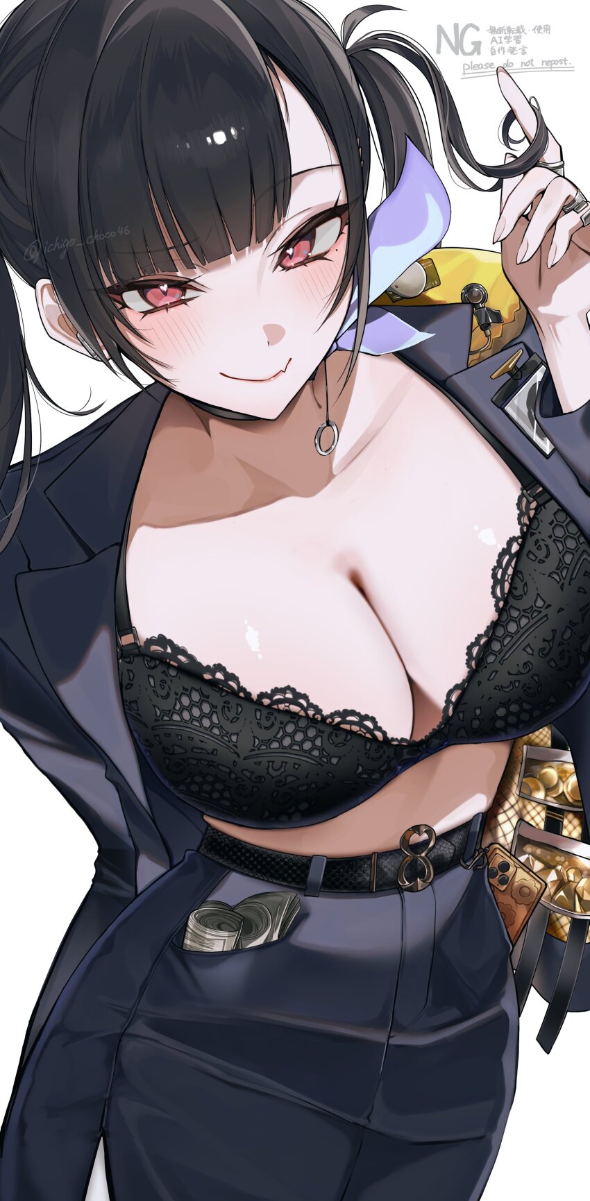1girl absurdres artist_name black_bra black_choker black_hair blush bra breasts choker cleavage closed_mouth collarbone contraband english_text goddess_of_victory:_nikke heart heart-shaped_pupils highres ichigo_choco46 jacket jewelry large_breasts long_hair looking_at_viewer open_clothes open_jacket presenting_bra red_eyes simple_background skirt smile solo sora_(nikke) symbol-shaped_pupils twintails twirling_hair twitter_username underwear watermark white_background
