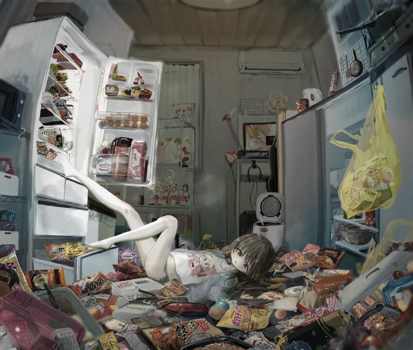 1girl absurdres bare_legs barefoot bishoujo_senshi_sailor_moon black_hair cardcaptor_sakura food highres hiiragi_kagami hiiragi_tsukasa izumi_konata kaname_madoka kinomoto_sakura legs_up lucky_star lying mahou_shoujo_madoka_magica messy messy_room original panties refrigerator room sailor_moon shinanashina shirt t-shirt takara_miyuki tsukino_usagi underwear