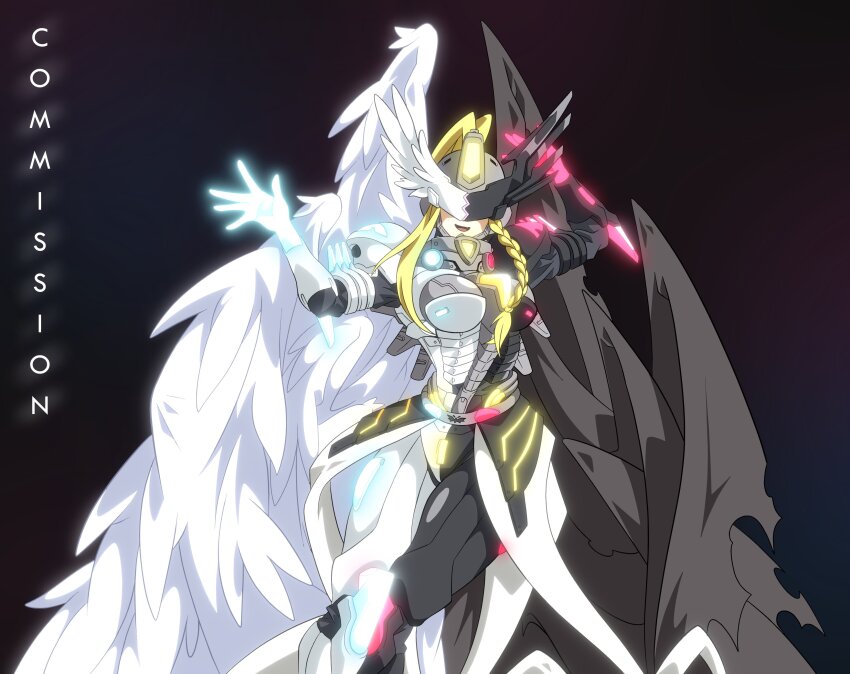 1girl absurdres blonde_hair digimon digimon_(creature) female_focus fusion highres mask mastemon officialseraphimon solo