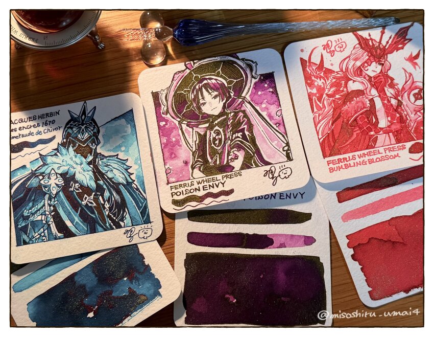 1girl 2boys aiguillette armor art_tools_in_frame blue_theme blunt_ends bodysuit bug cape capitano_(genshin_impact) closed_mouth coat color_ink_(medium) crossed_arms detached_collar dress elbow_gloves english_text eye_mask eyelashes fatui_coat fatui_logo fingernails fur-trimmed_sleeves fur_collar fur_trim genshin_impact glass_pen gloves half_mask hand_on_own_arm hand_on_own_elbow hand_up hat helmet highres insect japanese_armor jewelry jingasa kote lapels layered_sleeves limited_palette long_hair long_sidelocks looking_at_viewer mask misoshiru_umai4 mitsudomoe_(shape) moth multiple_boys neck_ring nib_pen_(medium) open_clothes open_coat pen_(medium) purple_theme red_theme rope scaramouche_(genshin_impact) shimenawa short_sleeves sidelocks signora_(genshin_impact) single_sidelock single_sode strapless tomoe_(symbol) traditional_media tsurime twitter_username veil wispy_bangs