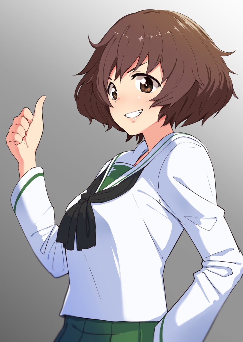 10s 1girl akiyama_yukari bad_id bad_pixiv_id blurry brown_eyes brown_hair depth_of_field female_focus girls_und_panzer gradient_background grin highres kurinton looking_down omaru_gyuunyuu ooarai_school_uniform school_uniform short_hair simple_background smile solo thumbs_up