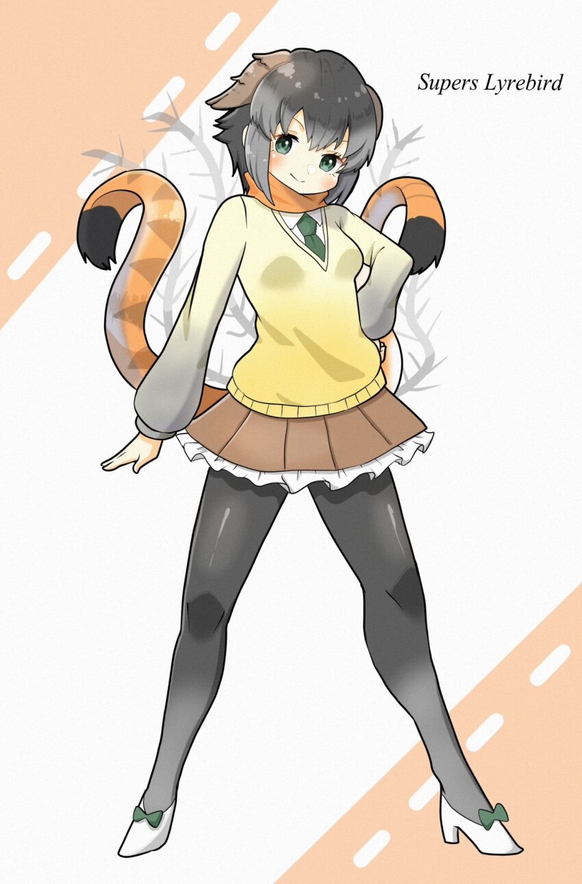bird_girl breasts feathered_wings flarewhite green_eyes grey_hair head_wings highres kemono_friends necktie short_hair simple_background skirt superb_lyrebird_(kemono_friends) sweater wings