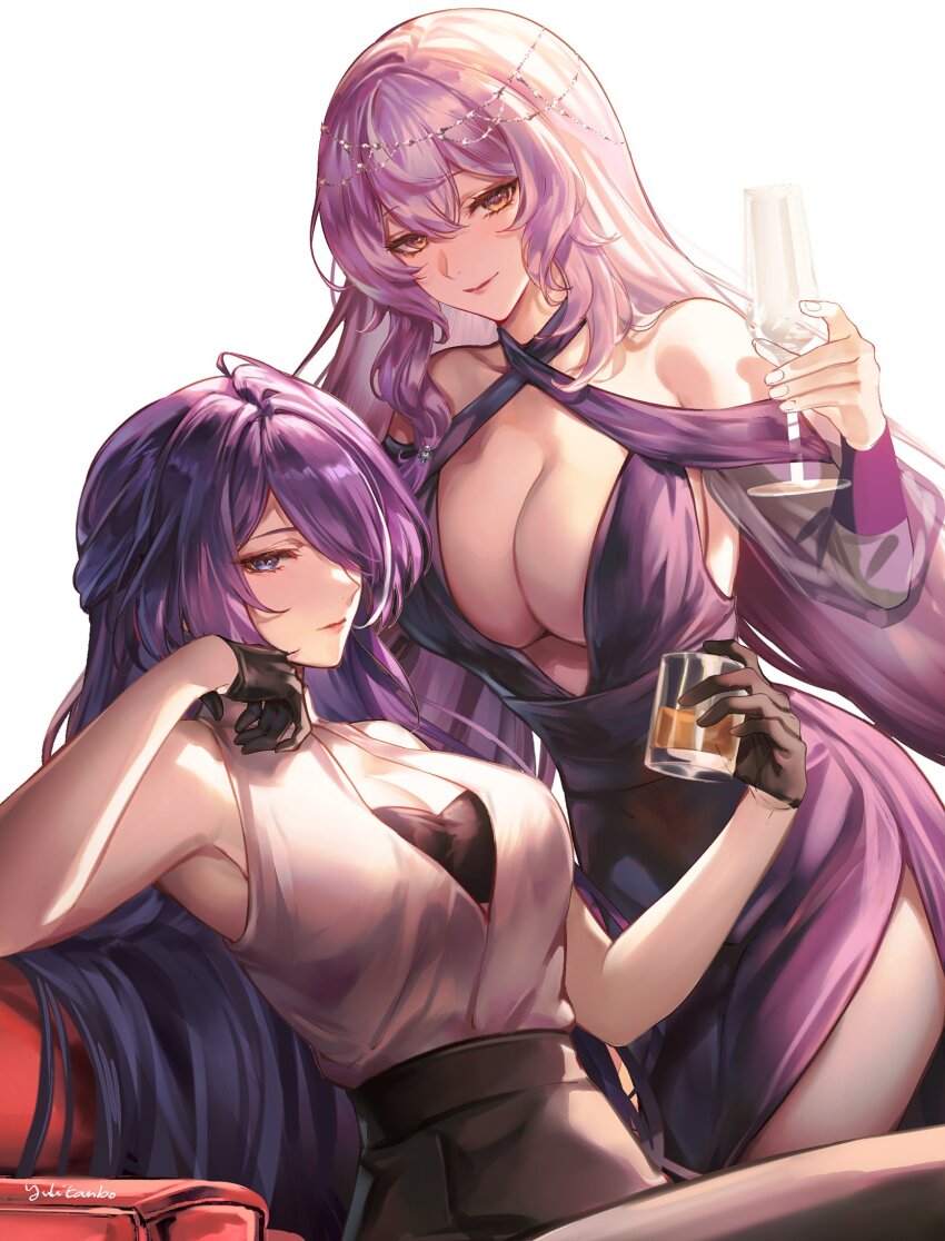 2girls acheron_(honkai:_star_rail) alcohol alternate_costume bare_shoulders black_bra black_gloves black_skirt black_swan_(honkai:_star_rail) bra breasts center_opening cleavage closed_mouth commentary cup dress gloves hair_between_eyes hair_over_one_eye highres holding holding_cup honkai:_star_rail honkai_(series) large_breasts long_hair multiple_girls purple_dress purple_eyes purple_hair shirt signature sitting skirt sleeveless sleeveless_shirt underwear unfinished very_long_hair white_shirt yellow_eyes yuli_(yulipo)