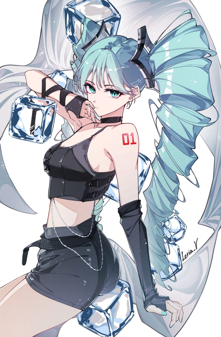 1girl aqua_eyes aqua_hair arm_up arm_warmers ass bare_shoulders black_choker black_shirt black_shorts breasts choker cowboy_shot crop_top drill_hair hair_ornament hatsune_miku highres ice ice_cube leria_v long_hair looking_at_viewer medium_breasts midriff shirt short_shorts shorts shoulder_tattoo single_arm_warmer sleeveless sleeveless_shirt solo spaghetti_strap tattoo twin_drills twintails very_long_hair vocaloid