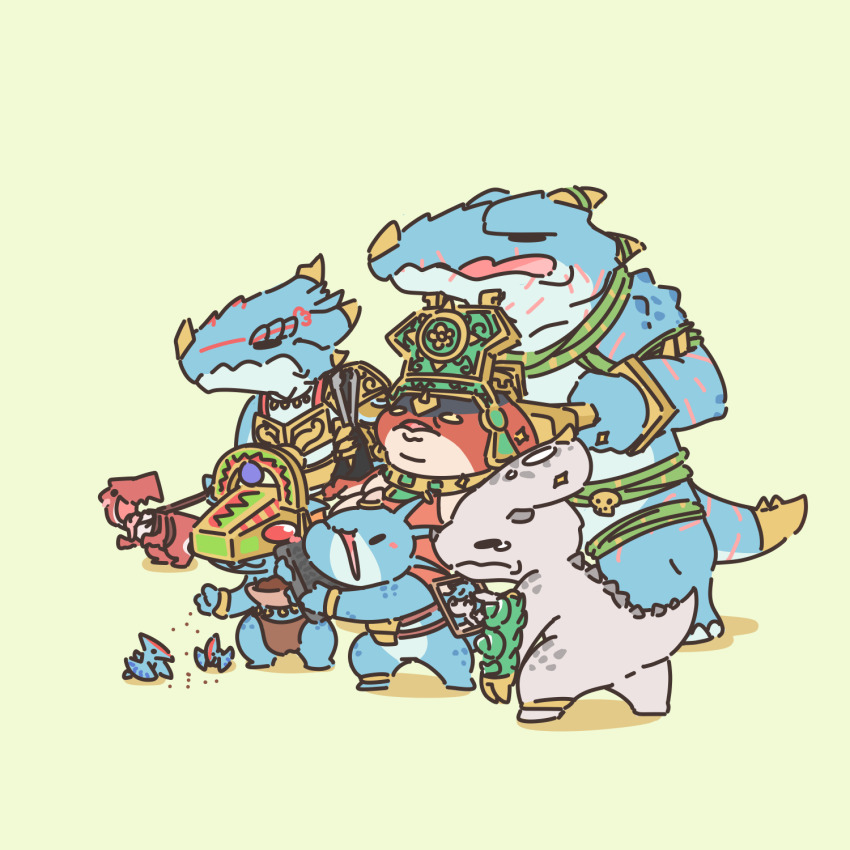 6+others artist_request black_eyes blue_scales carnosaur chibi chibikemo colored_skin commentary_request crocodilian dinosaur frog furry furry_male gor-rok green_background grymloq highres korean_commentary kroq-gar kroxigor lizardman lizardman_(warhammer_fantasy) mazdamundi multiple_others nakai_(warhammer_fantasy) pterosaur red_skin saurus simple_background skink slann tehenhauin terradon tiktaq&#039;to warhammer_fantasy white_scales yellow_eyes