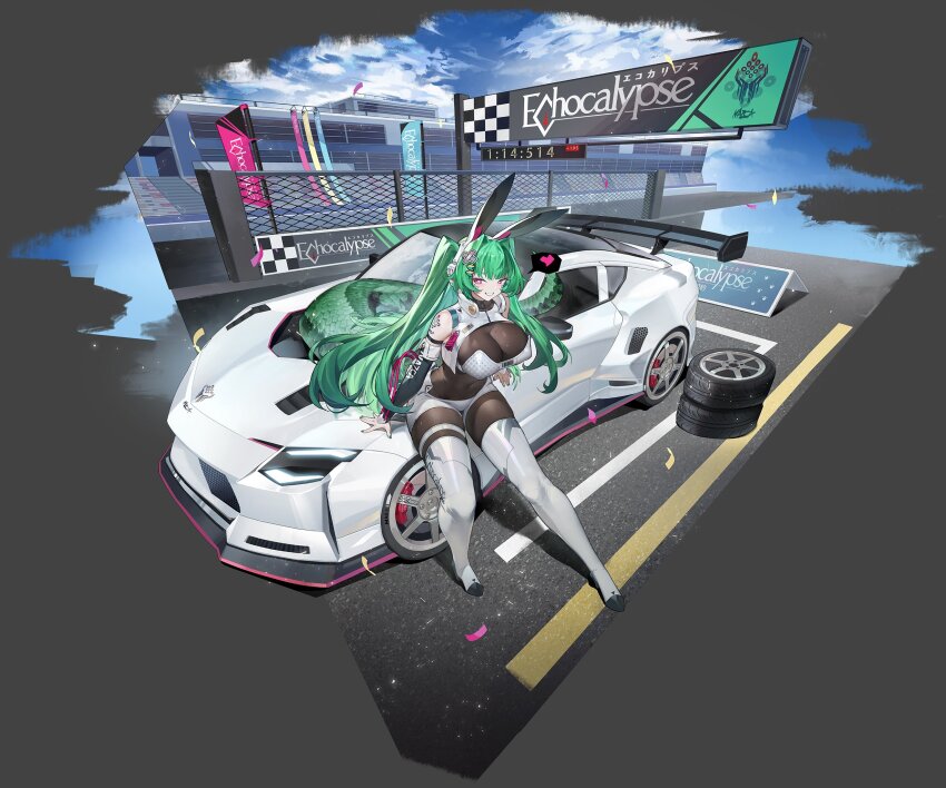 1girl animal_ear_headphones animal_ears arm_strap black_sleeves bodystocking boots breasts bright_pupils car cleavage confetti covered_navel detached_sleeves echocalypse facial_mark fake_animal_ears green_nails hair_ornament headphones heart heart-shaped_pupils highres large_breasts long_hair motor_vehicle nail_polish nissan nissan_fairlady_z nissan_z_(rz34) official_art paw_print pink_eyes rabbit_ears race_queen scales see-through_cleavage see-through_clothes sharon_(echocalypse) smile snake_tail solo spoken_heart sunligh_mao symbol-shaped_pupils tail thigh_boots twintails unused_tire white_boots white_car white_pupils x_hair_ornament