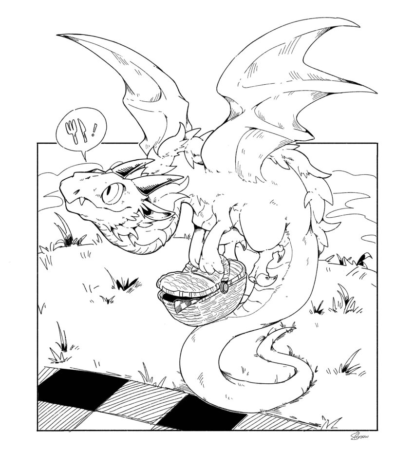 basket body_fur claws commentary_request dragon dragon_horns ercrow fangs flying fork grass highres holding_picnic_basket horns image_in_speech_bubble knife monochrome no_humans original outdoors picnic picnic_basket signature tail wings