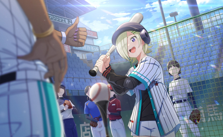 1other 5girls ball baseball baseball_(object) baseball_bat baseball_cap baseball_glove baseball_helmet baseball_jersey baseball_stadium baseball_uniform belt black_belt black_hair black_helmet black_shirt black_undershirt blonde_hair blue_hat blue_pants blue_sky blurry blurry_foreground cloud dark_skin depth_of_field dutch_angle ear_piercing elbow_pads faceless faceless_female from_below hair_ornament hair_over_one_eye hairclip hand_on_own_hip hands_up hat helmet highres holding holding_baseball_bat jacket jersey lens_flare light_particles long_sleeves love_live! love_live!_nijigasaki_high_school_idol_club love_live!_school_idol_festival_2 metal_baseball_bat mia_taylor multiple_girls net official_art one_eye_covered open_clothes open_mouth outdoors pants parted_bangs piercing pink_nails playing_sports purple_eyes red_hat red_shirt shirt shirt_under_shirt short_hair short_sleeves shorts sky smile solo_focus sparkle sportswear standing striped_clothes striped_pants striped_shirt swinging teeth thumbs_up turtleneck upper_teeth_only vertical-striped_clothes vertical-striped_pants white_shorts wristband