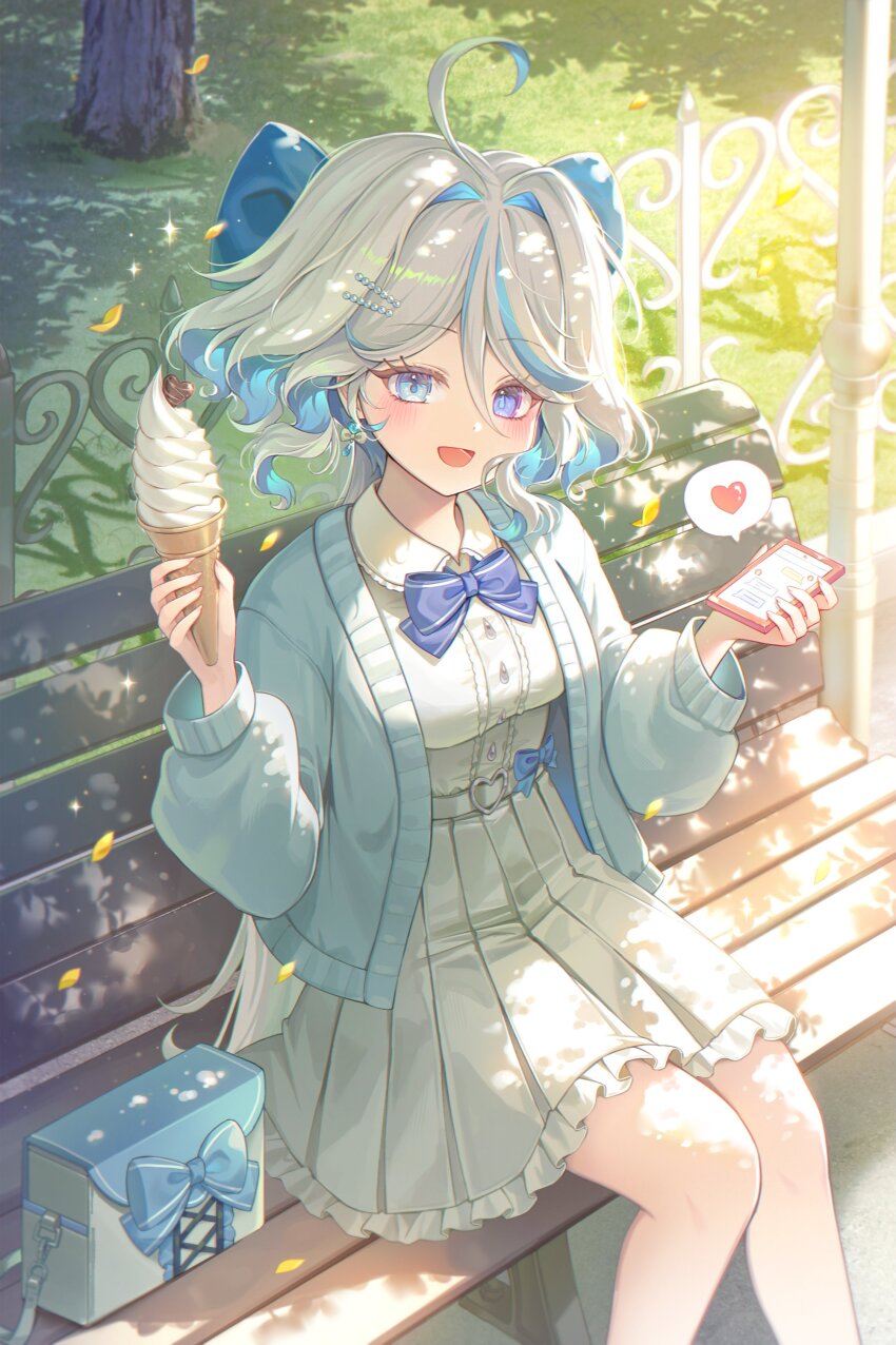 1girl absurdres ahoge alternate_costume bag belt blue_eyes blue_hair blue_jacket casual cellphone collared_shirt drop-shaped_pupils falling_petals furina_(genshin_impact) genshin_impact grey_hair hair_between_eyes hayun heart heterochromia highres holding holding_ice_cream_cone holding_phone ice_cream_cone jacket long_sleeves looking_at_viewer multicolored_hair on_bench open_clothes open_jacket open_mouth outdoors petals phone shirt shirt_tucked_in short_hair sitting skirt smartphone smile solo spoken_heart streaked_hair symbol-shaped_pupils white_belt white_shirt white_skirt