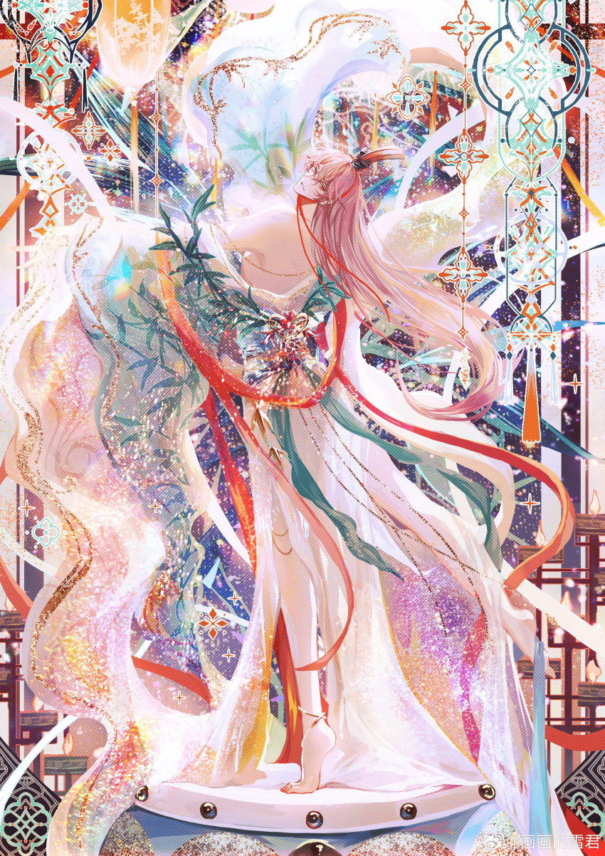 1boy absurdres anklet bamboo bamboo_print barefoot blue_sash brown_eyes brown_hair candle chin_strap chinese_clothes code:_kite dancing from_behind full_body hair_between_eyes hanfu highres jewelry lattice leaf_print leg_up light_particles long_hair long_sleeves looking_at_another looking_at_viewer male_focus maple_leaf_print mobile mole mole_under_eye multicolored_clothes multicolored_robe off_shoulder open_clothes open_robe orange_background orange_shawl outstretched_arms parted_lips robe sash shawl single_bare_shoulder smile snow234 solo spread_arms standing standing_on_one_leg tassel thighlet tiptoes water_sleeves watermark weibo_watermark white_robe wide_sleeves xiao_guan_(headdress) yuan_ji_(code:_kite)