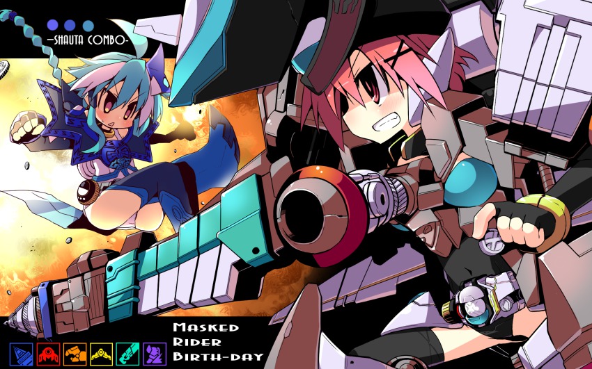 2girls blue_theme drill highres kamen_rider kamen_rider_birth kamen_rider_ooo kamen_rider_ooo_(series) multiple_girls nanateru o_medal personification rider-tan shauta_(ooo_combo)