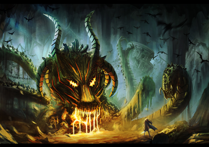 1boy bad_id bad_pixiv_id cape chain dragon epic fate/apocrypha fate/stay_night fate_(series) hbptcsg2 horns male_focus manly monster ruins georgios_(fate) scenery st._george_(fate/apocrypha) sword weapon zi_ye_(hbptcsg2)