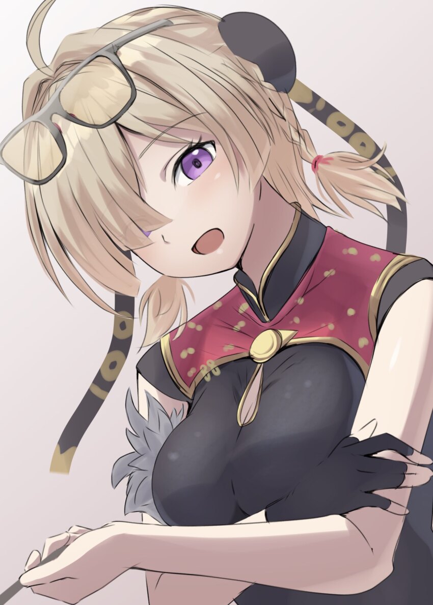 1girl ahoge black_dress blonde_hair china_dress chinese_clothes crossed_arms dress eyewear_on_head fingerless_gloves gloves hair_over_one_eye highres lelie_(lelie_link) open_mouth orange-tinted_eyewear purple_eyes single_fingerless_glove sweety_(zenless_zone_zero) tinted_eyewear upper_body yellow-tinted_eyewear zenless_zone_zero