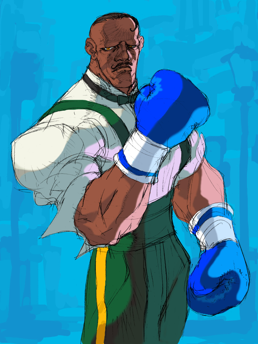 1boy bow boxing boxing_gloves dark-skinned_male dark_skin dudley facial_hair game_cg highres looking_at_viewer male_focus muscular muscular_male mustache nishimura_kinu non-web_source official_art shirt solo street_fighter street_fighter_iii_(series) suspenders very_dark_skin