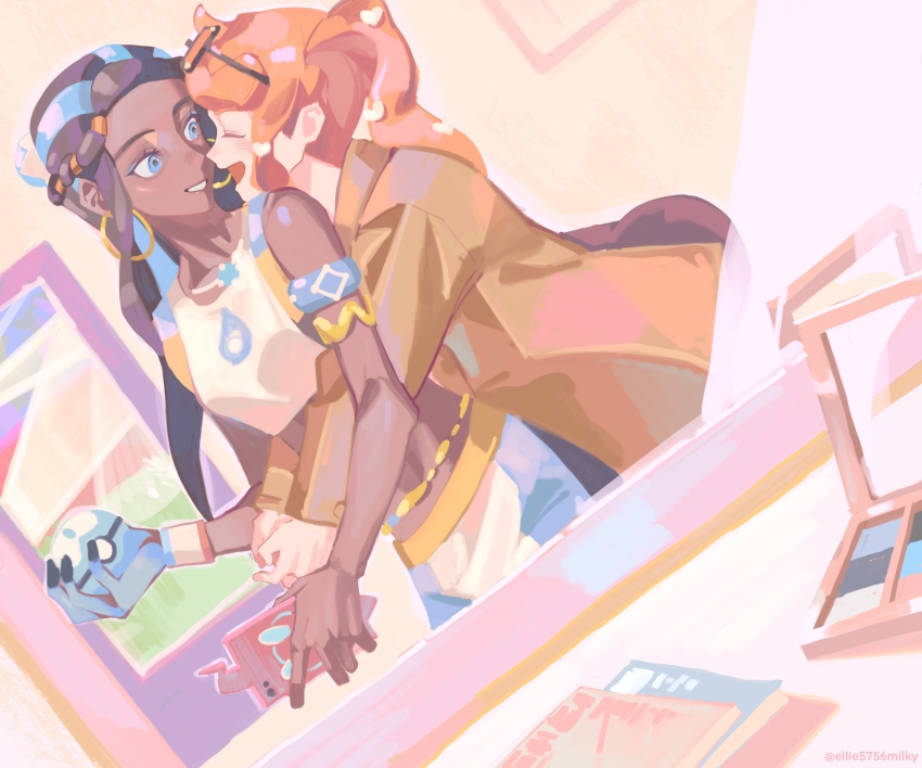 2girls :d absurdres armlet belly_chain blue_eyes blue_hair brown_coat closed_eyes coat commentary_request dark-skinned_female dark_skin dive_ball dynamax_band earrings ellie_niunai_zhuyi_zhe eyelashes eyewear_on_head gen_4_pokemon gloves grin hair_ornament happy heart heart_hair_ornament highres holding holding_phone holding_poke_ball hoop_earrings indoors jewelry looking_at_another multicolored_hair multiple_girls nessa_(pokemon) nintendo open_mouth orange_hair phone poke_ball pokemon pokemon_swsh rotom rotom_phone slice_of_life smile sonia_(pokemon) sports_bra sunglasses teeth two-tone_hair