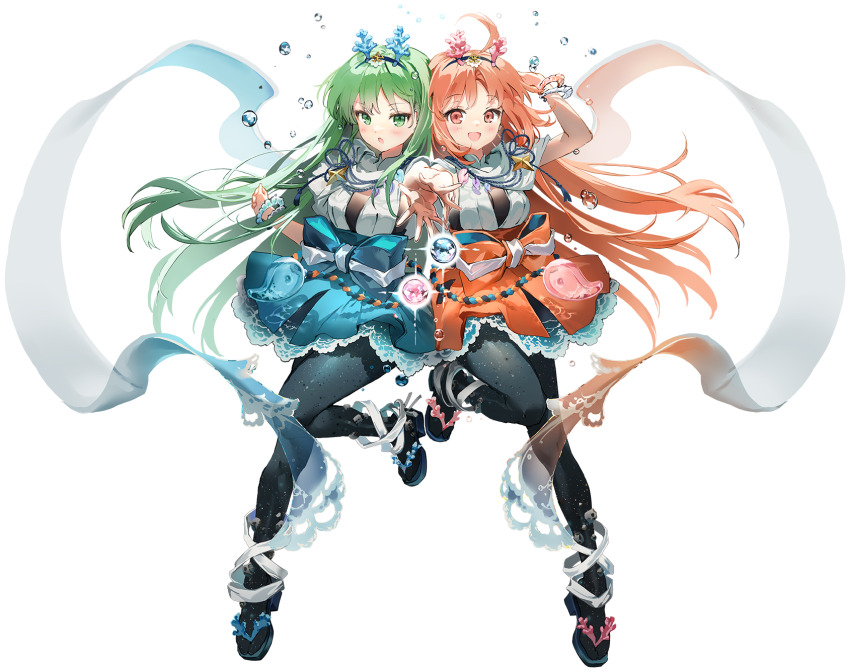2girls :d :o ahoge anmi black_pantyhose blue_skirt blush bow bracelet breasts fate/grand_order fate_(series) full_body game_cg green_eyes green_hair hair_ornament hairband hibino_hibiki highres jewelry katsuragi_chikagi long_hair looking_at_viewer mahou_tsukai_no_hako medium_breasts multiple_girls official_art open_mouth orange_eyes orange_hair orange_skirt pantyhose sandals shirt short_hair side-by-side skirt small_breasts smile standing standing_on_one_leg tachi-e transparent_background twintails type-moon water water_drop white_shirt