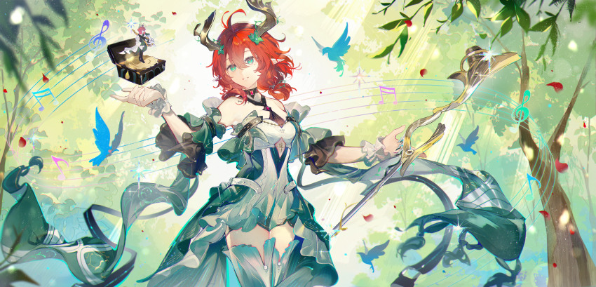 1girl absurdres bare_shoulders breasts chinese_commentary ciaccona_(wuthering_waves) commentary_request dress green_eyes green_jacket green_thighhighs hair_between_eyes hand_up highres holding holding_microphone_stand jacket medium_breasts medium_hair microphone_stand musical_note pointy_ears qianqianjie red_hair solo tacet_mark_(wuthering_waves) thighhighs thighs tree_horns white_dress wuthering_waves