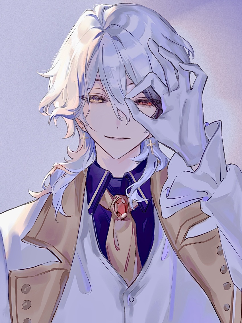 1boy chinese_commentary collared_shirt commentary_request cross cross_earrings diqiu_online earrings ensemble_stars! frilled_sleeves frills gem gloves hair_between_eyes hair_over_shoulder heterochromia highres jewelry long_sleeves male_focus merc_storia necktie official_alternate_costume ok_sign ok_sign_over_eye red_eyes red_gemstone sakuma_rei_(ensemble_stars!) shirt simple_background solo white_gloves white_hair white_shirt yellow_eyes yellow_necktie