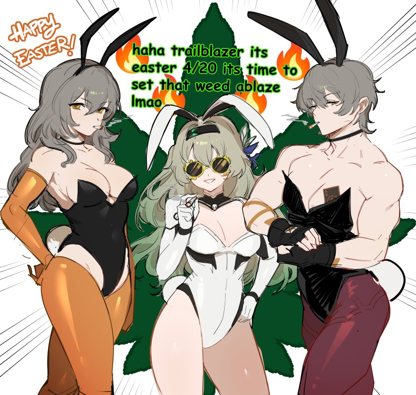 1boy 2girls 420_(meme) absurdres animal_ears black_choker black_hairband black_leotard breasts caelus_(honkai:_star_rail) choker cleavage commentary elbow_gloves english_commentary english_text fake_animal_ears fake_tail firefly_(honkai:_star_rail) gloves grey_hair grin hairband happy_easter highleg highleg_leotard highres holding_joint honkai:_star_rail honkai_(series) joint_(drug) kowai_(iamkowai) large_breasts leotard long_hair male_playboy_bunny marijuana meme multiple_girls muscular muscular_male orange_gloves orange_pantyhose pantyhose pectorals playboy_bunny purple_pantyhose rabbit_ears rabbit_tail round_eyewear short_hair smile stelle_(honkai:_star_rail) strapless strapless_leotard sunglasses tail teeth trailblazer_(honkai:_star_rail) white_leotard yellow_eyes