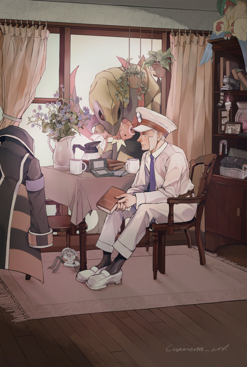 1boy absurdres archeops axew black_socks blue_flower blue_necktie book bookshelf cd chair closed_mouth coat coffee_pot commentary conmenn_art crack cup curtains durant elesa_(pokemon) emmet_(pokemon) english_commentary flower gen_1_pokemon gen_5_pokemon handheld_game_console hanging_plant haxorus highres holding holding_book indoors ingo_(pokemon) joltik magikarp male_focus model_train mug necktie nintendo nintendo_3ds on_chair pants photo_(object) pokemon pokemon_bw rug shirt short_hair sitting smile socks table tablecloth vase white_hair white_headwear white_pants white_shirt wooden_chair wooden_floor