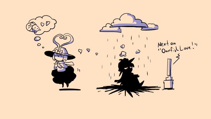 &gt;_&lt; 2girls annoyed closed_eyes cloud english_text fins fish flat_screen_tv floating happy heart heart_ribbon highres hinanawi_tenshi monochrome multiple_girls nagae_iku nagae_iku_(heaven&#039;s_illumination) oarfish oysterfried rain ribbon scarf scorch_mark skirt smile smoke speech_bubble television thought_bubble touhou touhou_lostword