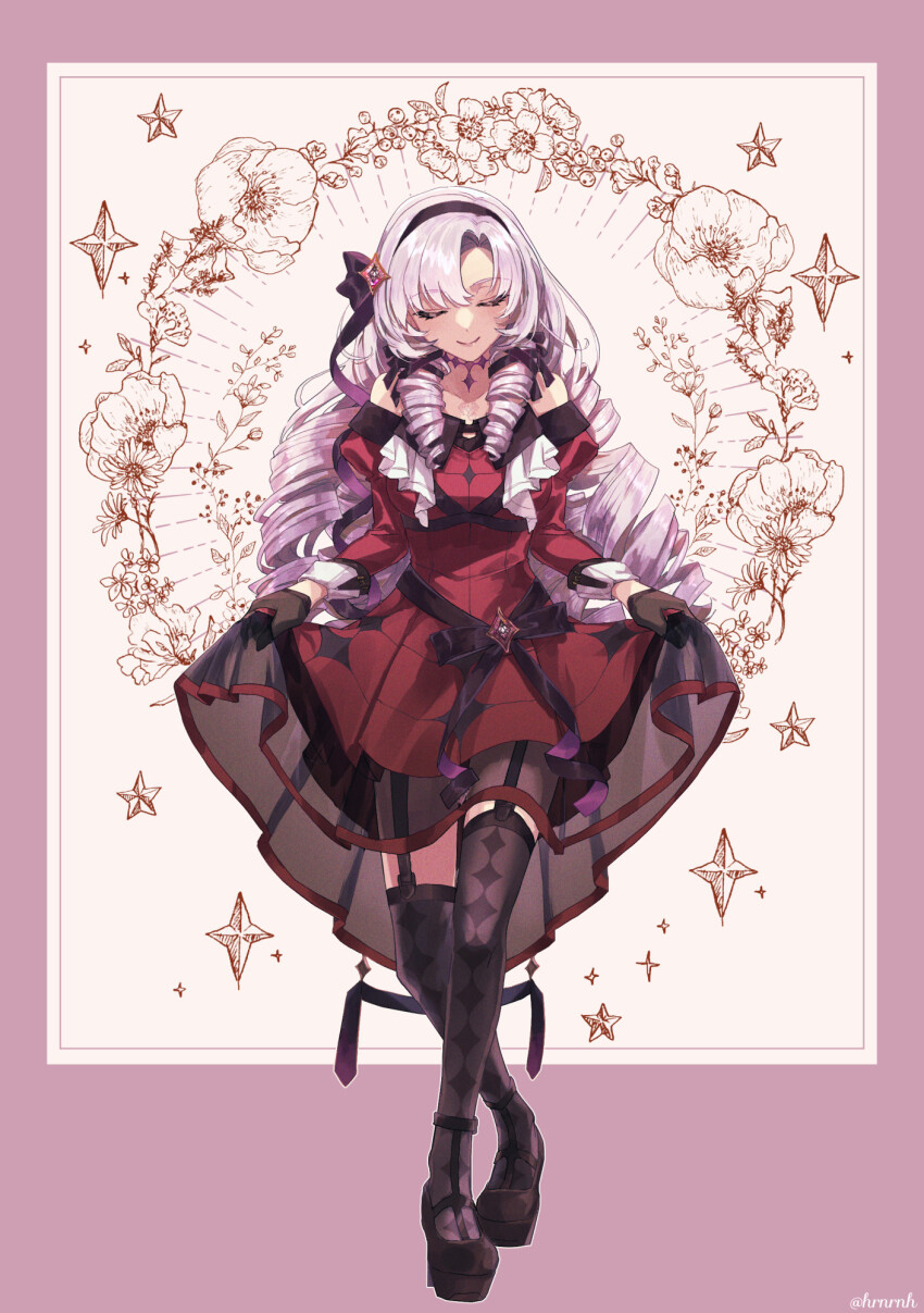 1girl artist_name bare_shoulders black_gloves black_hairband black_ribbon black_shoes black_thighhighs blush chest_tattoo choker closed_eyes closed_mouth collarbone commentary_request curtsey dress drill_hair drill_sidelocks eyelashes flower flower_request garter_straps gloves hair_between_eyes hair_ribbon hairband haruna_(hrnrnh) high-low_dress high_heels highres hyakumantenbara_salome hyakumantenbara_salome_(1st_costume) juliet_sleeves long_hair long_sleeves nijisanji off-shoulder_dress off_shoulder parted_bangs pink_background platform_heels puffy_sleeves purple_choker purple_hair purple_ribbon red_dress ribbon shoes sidelocks skirt_hold sleeve_cuffs smile solo standing tattoo thighhighs twitter_username virtual_youtuber white_background