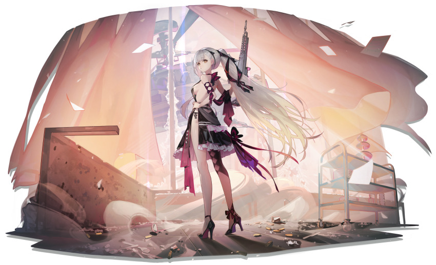 1girl absurdres aircraft ak-alfa ak-alfa_(girls&#039;_frontline) alpha_transparency alternate_costume ankle_bow ankle_ribbon assault_rifle backless_dress backless_outfit black_dress bow broken_window bullet_hole cart commentary_request curtains dress full_body girls&#039;_frontline girls&#039;_frontline_2:_exilium gun hand_on_own_hip helicopter high_heels highres holding holding_gun holding_weapon indoors ladle long_hair looking_at_viewer looking_back ponytail ribbon ribiadan rifle shell_casing shoes side-tie spoon table tololo_(girls&#039;_frontline_2) weapon white_hair yellow_eyes