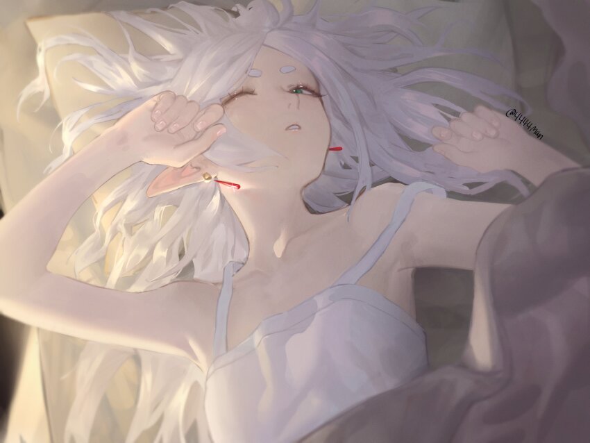 1girl 4444chen absurdres dress earrings elf frieren highres jewelry long_hair lying on_back parted_lips pillow pointy_ears solo sousou_no_frieren sunlight under_covers upper_body waking_up white_dress white_hair