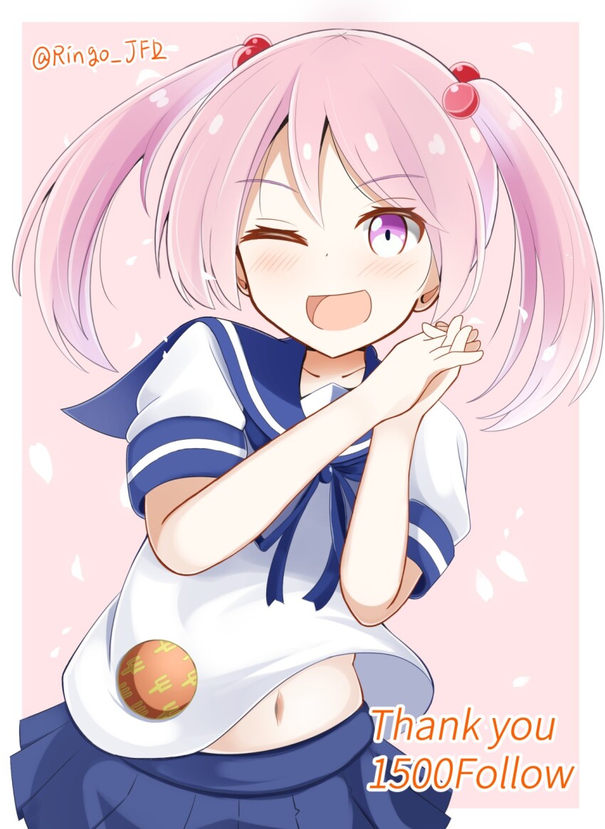 1girl badge blue_sailor_collar blue_skirt breasts hair_bobbles hair_ornament highres kantai_collection medium_breasts milestone_celebration navel own_hands_clasped own_hands_together pink_background pink_eyes pink_hair pleated_skirt ringo002 sailor_collar sailor_shirt sazanami_(kancolle) school_uniform serafuku shirt skirt smile solo twintails twitter_username upper_body
