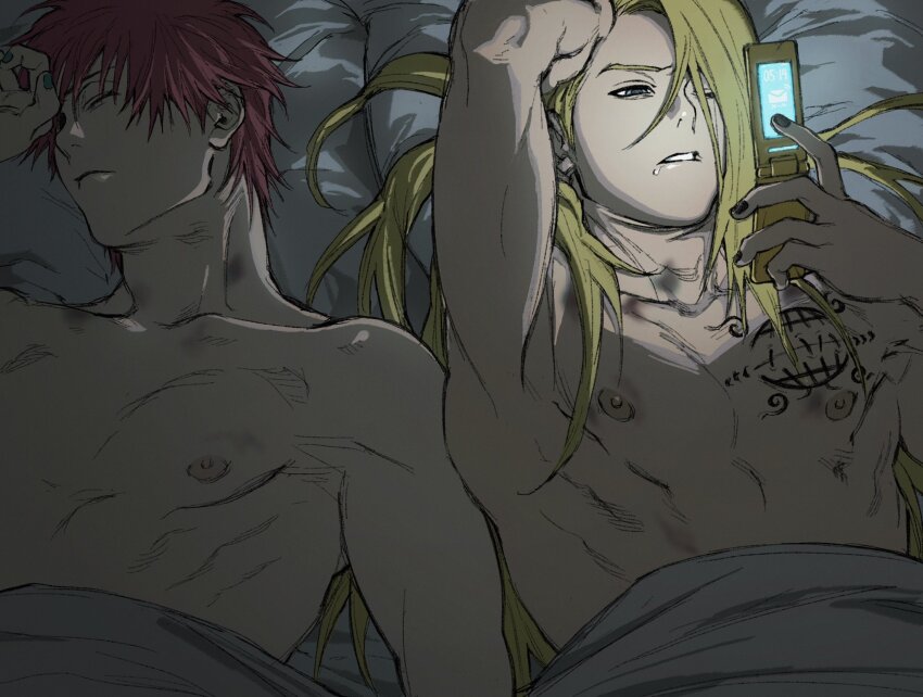 2boys armpits bare_pectorals black_nails blanket blonde_hair cellphone chest_tattoo closed_mouth deidara_(naruto) flip_phone hickey highres holding holding_phone implied_yaoi long_hair male_focus multiple_boys nail_polish naruto_(series) naruto_shippuuden nipples on_bed one_eye_closed parted_lips pectorals phone pillow red_hair saliva sasori_(naruto) short_hair sleeping sleepy stitches tattoo toned toned_male umkaqryi yaoi