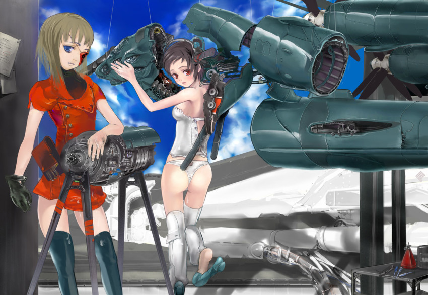 2girls aircraft airplane ass bomber contra-rotating_propellers engine eyepatch legs lips mecha_musume military military_vehicle multiple_girls original panties propeller short_hair thighhighs tu-95 underwear upeco