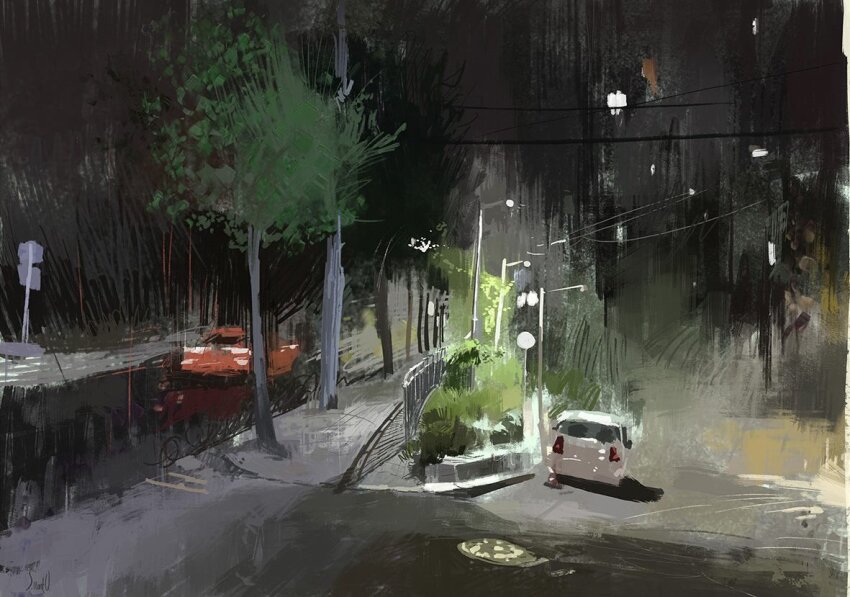 car lamppost motor_vehicle no_humans original plant power_lines road road_sign scenery sidewalk sign slow_d street utility_pole