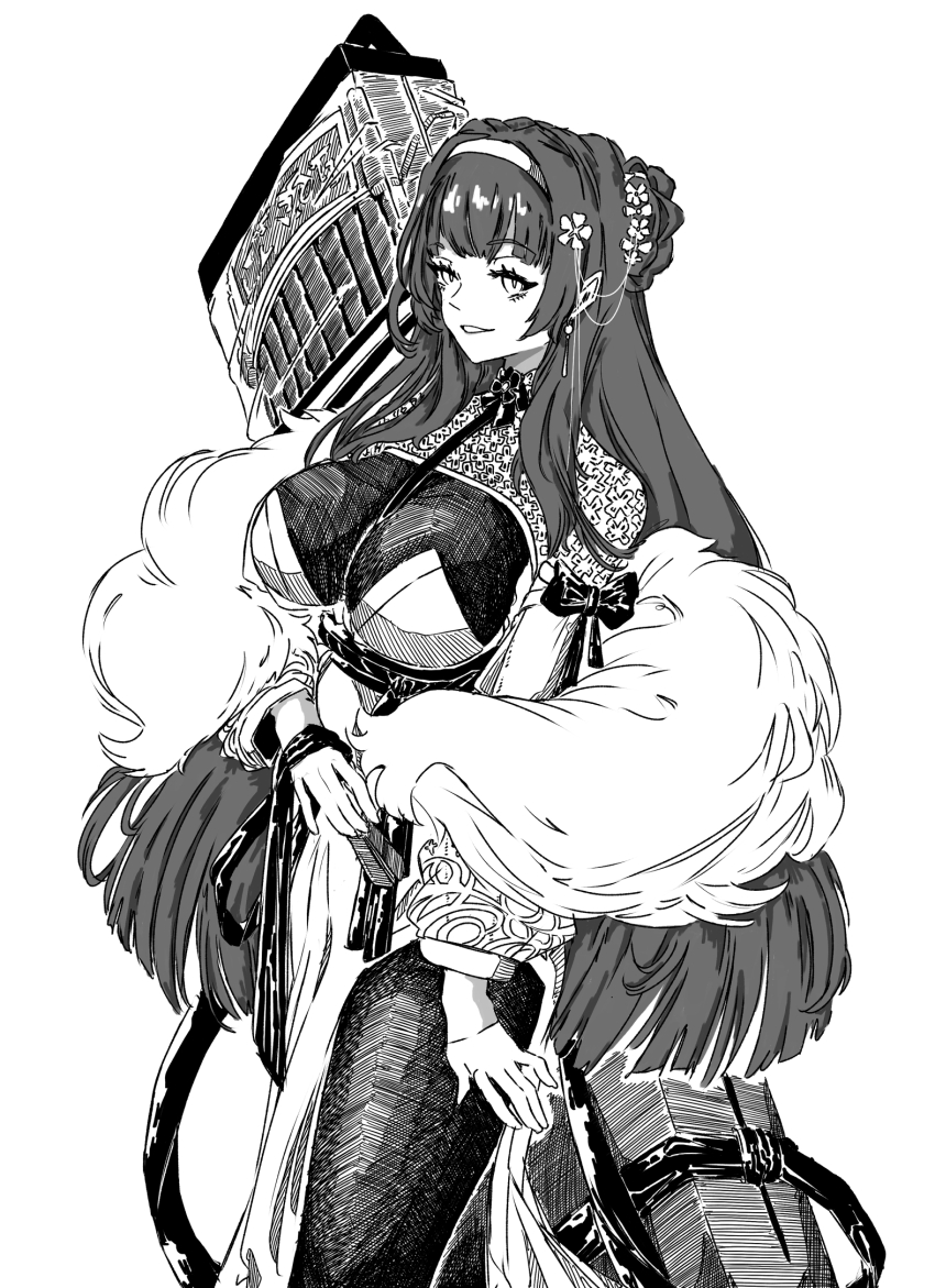 1girl breasts daiyan_(neural_cloud) feather_boa furauji girls&#039;_frontline girls&#039;_frontline_neural_cloud greyscale grin guzheng hairband highres large_breasts long_hair monochrome simple_background smile solo type_95_(girls&#039;_frontline) very_long_hair white_background
