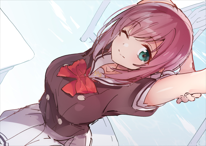 1girl ;) arm_behind_head arm_up atri-my_dear_moments- bow bowtie brown_shirt buttons classroom closed_mouth commentary_request cowboy_shot double-breasted dutch_angle green_eyes highres indoors kamishiro_minamo looking_at_viewer motoyon one_eye_closed red_bow red_bowtie sailor_collar school_uniform serafuku shirt short_sleeves sitting sketch skirt smile solo split_mouth stretching tareme white_sailor_collar white_skirt