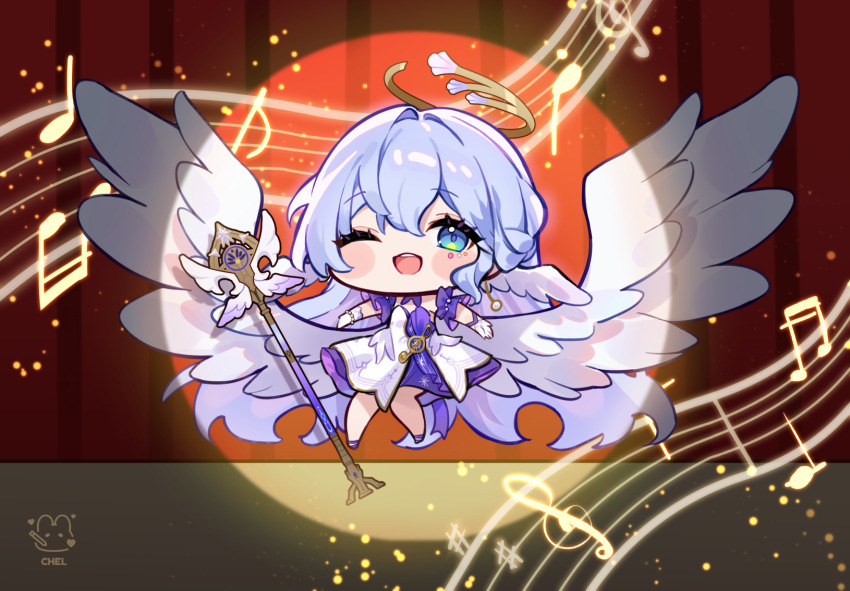 1girl ;d beamed_sixteenth_notes blue_dress blue_eyes blue_hair blush_stickers bracelet cheli_(kso1564) chibi commentary dress eighth_note feathered_wings gloves hair_between_eyes halo highres honkai:_star_rail honkai_(series) jewelry long_hair looking_at_viewer musical_note one_eye_closed open_mouth pearl_bracelet quarter_note robin_(honkai:_star_rail) smile solo treble_clef very_long_hair white_gloves white_wings wings