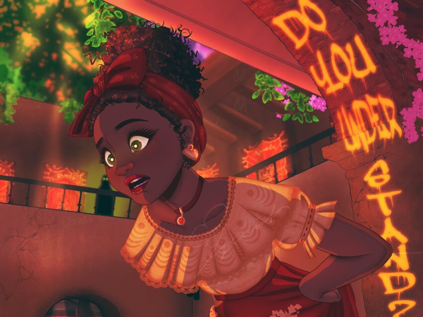1girl arepa bow brown_eyes brown_hair choker colombian_clothes curly_hair dark-skinned_female dark_skin dolores_madrigal earrings encanto hair_bow heart heart_earrings highres jewelry littlebiscuit red_bow red_choker shirt simple_background skirt very_dark_skin