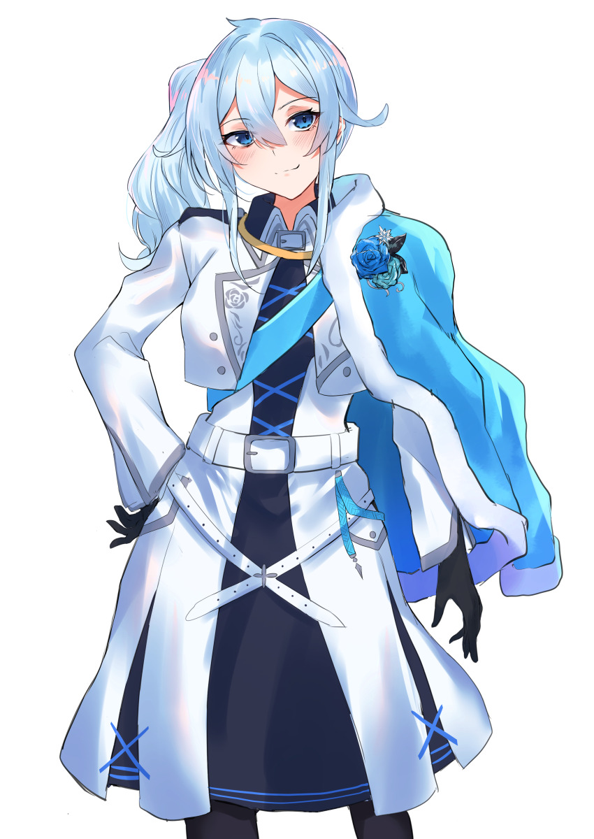 1girl absurdres belt belt_buckle black_dress black_gloves black_pantyhose blue_eyes blue_hair blue_jacket buckle closed_mouth cropped_jacket dress fur-trimmed_jacket fur_trim gloves hair_between_eyes hand_on_own_hip head_tilt highres jacket jacket_on_shoulders long_hair looking_at_viewer nijisanji open_clothes open_jacket pantyhose sidelocks simple_background smile solo virtual_youtuber white_background white_belt white_dress white_jacket yuki_maccha_(yukimattya10) yukishiro_mahiro