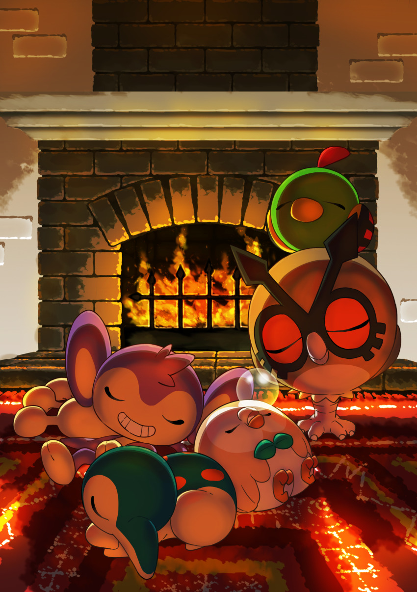 absurdres aipom beak bubble claws closed_eyes commentary_request cyndaquil fire fireplace gen_2_pokemon gen_7_pokemon highres hoothoot indoors lying natu nintendo no_humans on_back on_stomach open_mouth pokemon pokemon_(creature) rowlet rug sleeping smile taisa_(lovemokunae) teeth