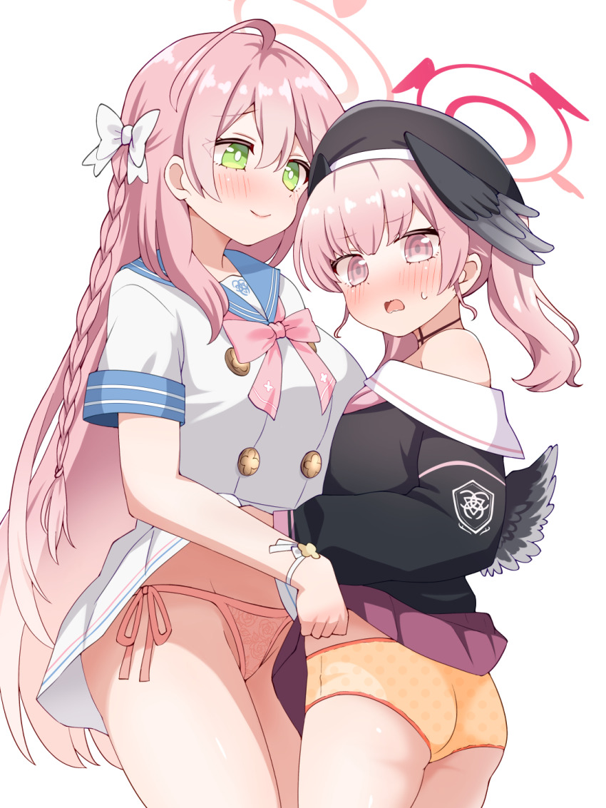 2girls ahoge ass assertive_female assisted_exposure beret black_hat black_shirt black_wings blue_archive blue_sailor_collar blush bow bowtie braid breasts bright_pupils choppy_bangs clothes_lift commentary_request cowboy_shot double-parted_bangs embarrassed emblem green_eyes hair_between_eyes hair_bow hair_over_shoulder halo hanako_(blue_archive) hat head_wings highres koharu_(blue_archive) large_breasts lifting_another&#039;s_clothes long_bangs long_hair long_sleeves looking_at_another looking_at_viewer low_wings ma_tsukasa mini_wings miniskirt multiple_girls neckerchief no_nose nose_blush off_shoulder open_mouth panties pink_bow pink_bowtie pink_eyes pink_hair pink_halo pink_neckerchief pink_panties pleated_skirt polka_dot polka_dot_panties purple_skirt raised_inner_eyebrows sailor_collar school_uniform serafuku shirt side-tie_panties sidelocks simple_background single_braid skirt skirt_lift small_breasts smile standing straight_hair twintails underwear very_long_hair wavy_hair wavy_mouth white_background white_bow white_pupils white_sailor_collar white_serafuku white_shirt white_skirt wings yellow_panties yuri