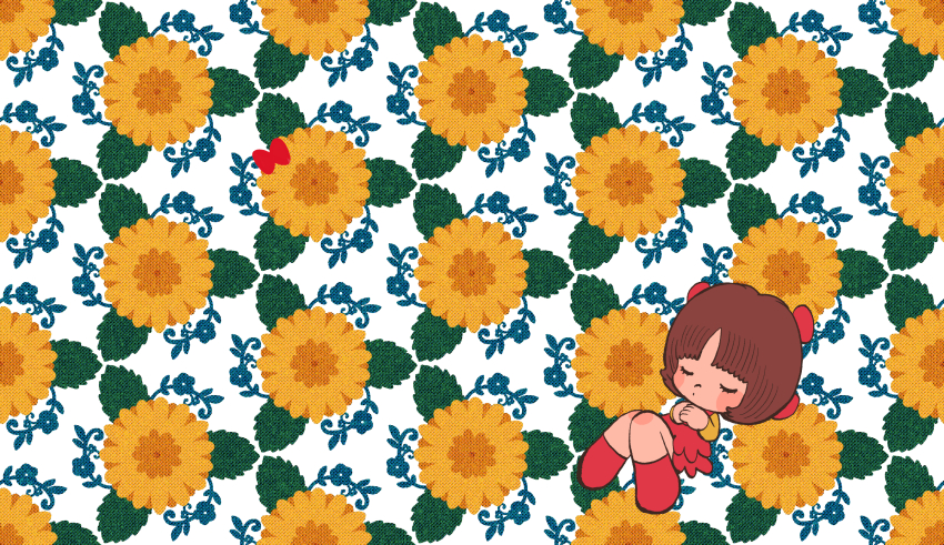 1girl black_jack_(series) bow brown_hair closed_eyes closed_mouth dot_mouth dress eyelashes flower hair_bow highres husagin long_sleeves pinoko red_bow red_dress red_footwear shirt short_hair solo tezuka_osamu_(style) white_background yellow_flower yellow_shirt