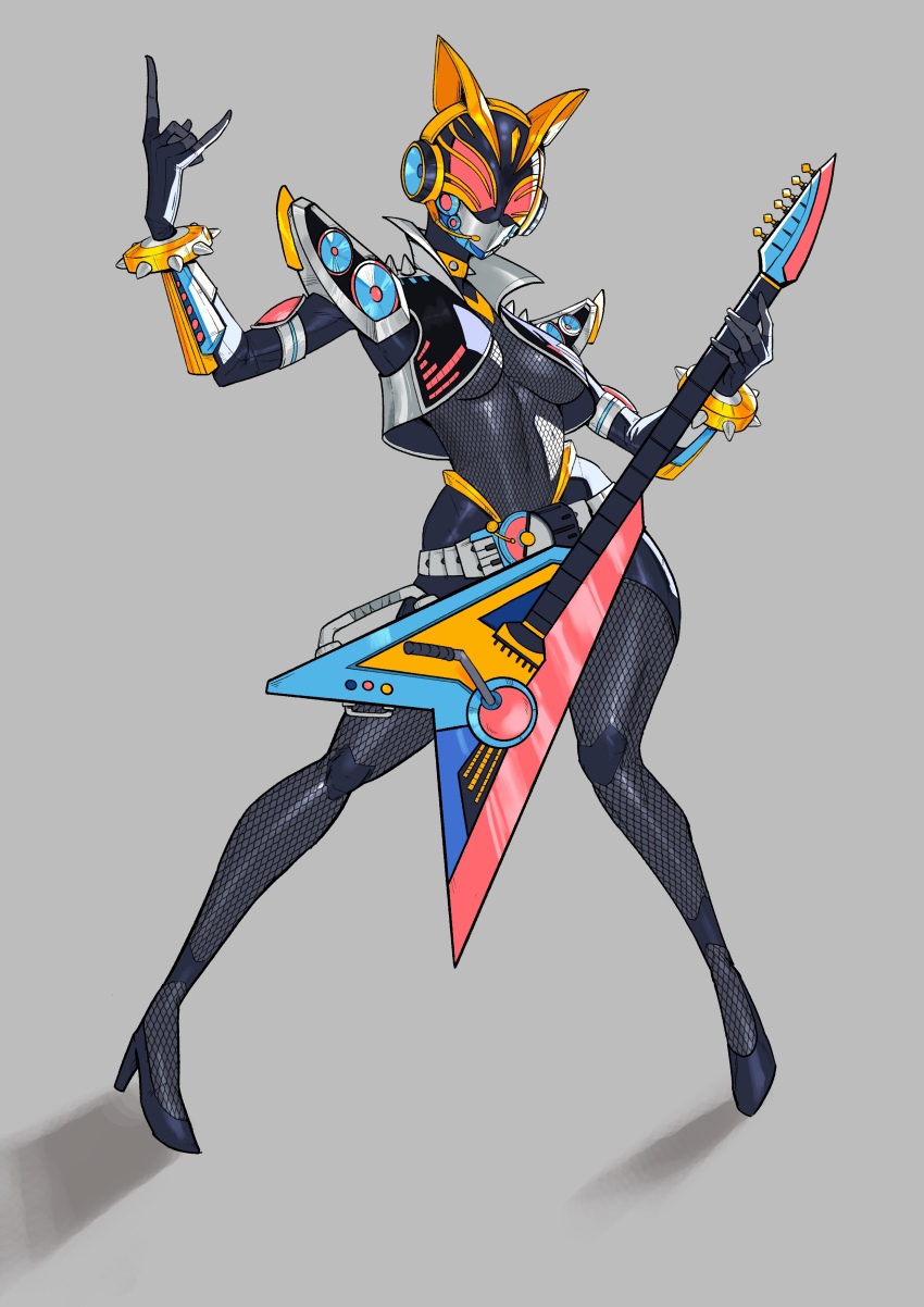 1girl \m/ absurdres animal_ears armor beat_axe beat_buckle black_bodysuit black_gloves bodysuit breasts cat_ears desire_driver rider_belt full_body gloves glowing glowing_eyes guitar high_heels highres holding holding_instrument instrument kamen_rider kamen_rider_geats_(series) kamen_rider_na-go looking_at_viewer maniaxpunk medium_breasts raise_buckle rider_belt tokusatsu